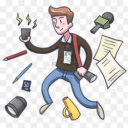 手绘奔跑的记者人物插画卡通新闻联播插图记者节采访手绘卡通男记者