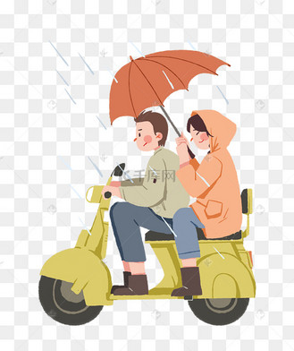 情侣雨天电瓶车