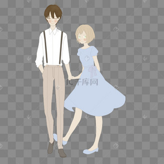 情人节情侣第一次牵手两人十分害羞插画png