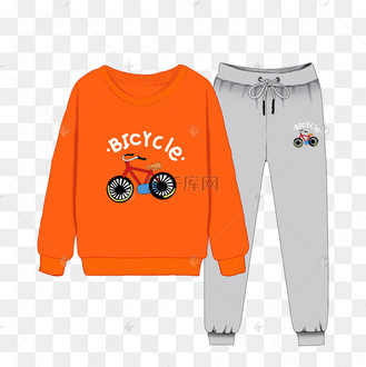 手绘春秋冬可爱儿童自行车图案衣服裤子套装