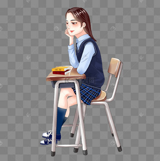 课桌补习书桌学习看书学生读书阅读写作业手绘卡通女孩