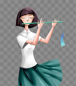 吹笛子的少女复古插画