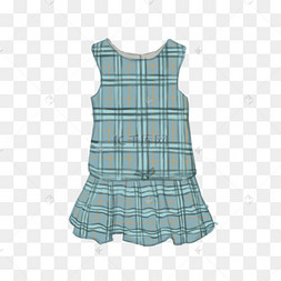 手绘格子裙蓝色青色卡通