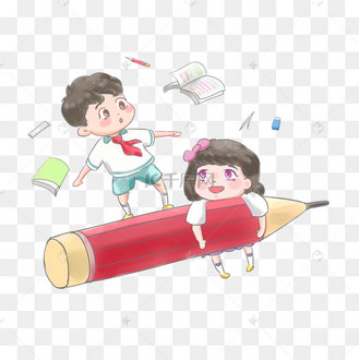 卡通手绘开学日上学的小学生
