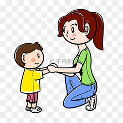 卡通母亲节母子牵手玩耍png透明底