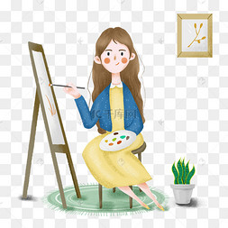 简约手绘画画的女孩插画海报免抠