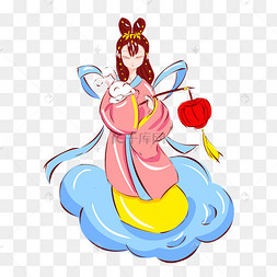 中秋节手绘卡通嫦娥仙子与玉兔