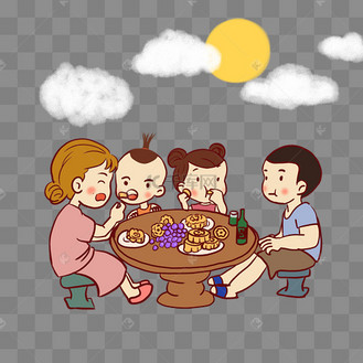 中秋节吃团圆饭一家人赏月吃月饼卡通中秋