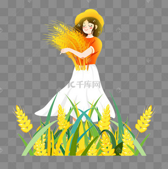 芒种麦田抱着麦子女孩素材