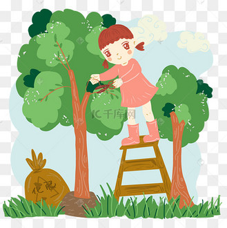 植树节女孩给树剪枝施肥
