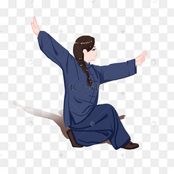 蹲马步的女性武术人物