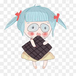 卡通手绘小女孩吃巧克力