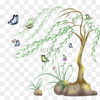 绿色草地风吹柳叶png