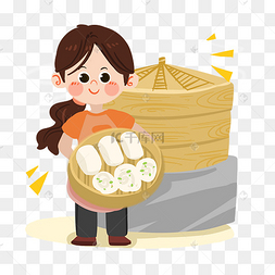 卡通现代妇女卖包子png素材