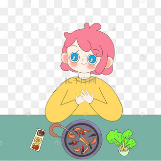一个人吃烤肉的女孩卡通插画