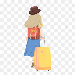 拖着行李箱女生手绘卡通插画拖尾彩带线条橡皮泥人字拖志愿者社区服务