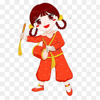 新春双麻花辫打腰鼓中国风服饰小女孩素材