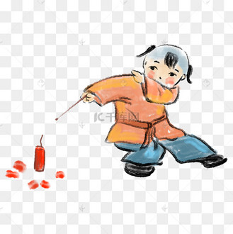 水墨放鞭炮的小孩插画