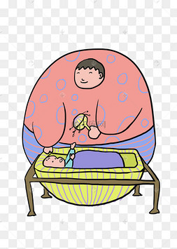 摇篮里的孩子玩母亲节哄孩子插画人物爸爸哄儿子睡觉小猫哄猫咪表情牛