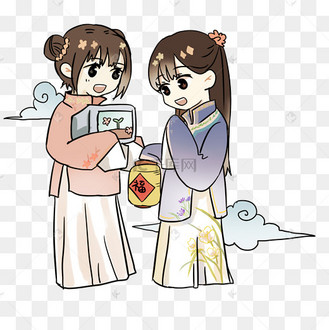 手绘姐妹花串门拜年