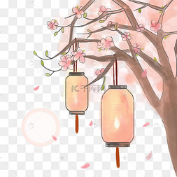 水彩手绘古风桃树灯笼