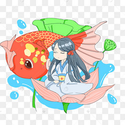png下载psd卡通手绘抱锦鲤的可爱女孩创意海报下载 png下载psd手绘