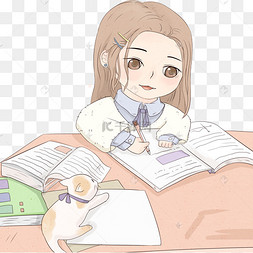 卡通写作业的小女孩