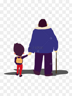 手绘卡通爷爷拉着孙子走路元素