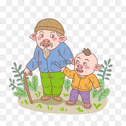 猪年卡通手绘猪爷爷和猪娃娃