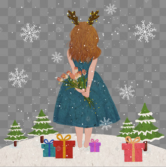 圣诞节暗色系肌理手绘鹿角捧花美女背影