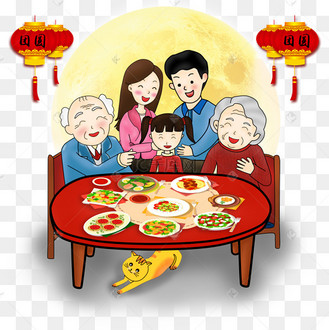 手绘卡通厚涂团圆夜一家五口团年饭喜庆插画png素材