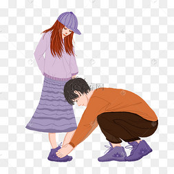 系鞋带的情侣手绘插画