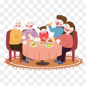春节卡通手绘小清新风格一家五口团聚吃年夜饭