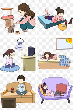 宅在家的小女孩手绘插画