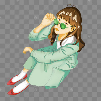 绿色系坐姿俯视角度戴眼镜小姐姐