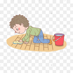 卡通手绘人物擦地板男孩