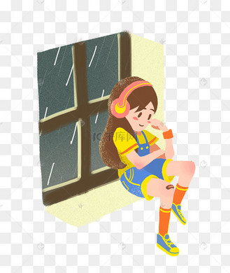 卡通手绘唯美复古女孩阴雨天靠窗认真安静听歌png