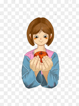 手绘卡通手捧苹果的可爱短发女孩