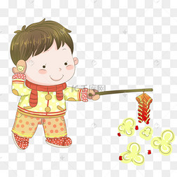 冬季放鞭炮的帅气小男孩插画