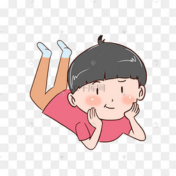 手绘卡通趴在地上思考的小男孩