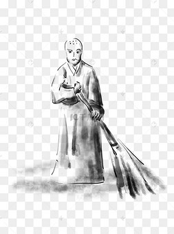 扫地僧武侠人物水墨国画黑白手绘