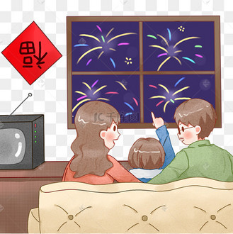 2019年中国风除夕夜晚看春晚赏烟花年俗
