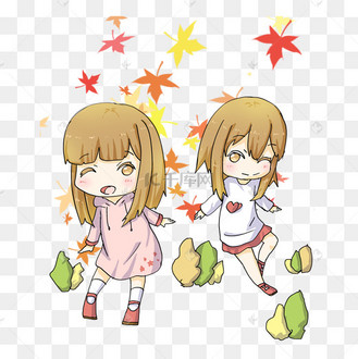 秋季主题两个卡通女孩手绘插画