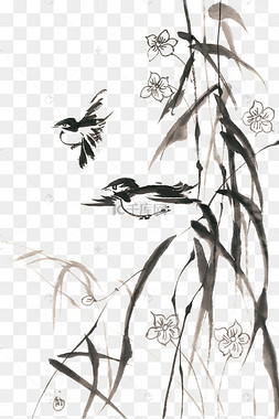 双飞的鸟水墨画png免抠素材