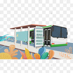 手绘卡通城市公共设施公交站绿色