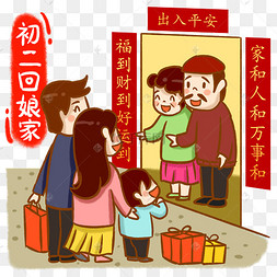 初二回娘家手绘卡通人物png素材年
