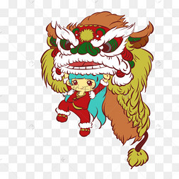 手绘卡通女孩舞狮子过新年png