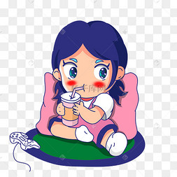 夏日卡通喝冷饮小女孩