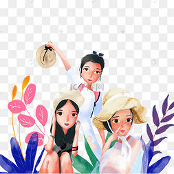 可爱的三人旅游的插画