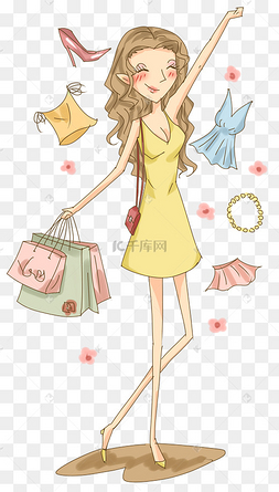 手绘开心购物满载而归的美女插画